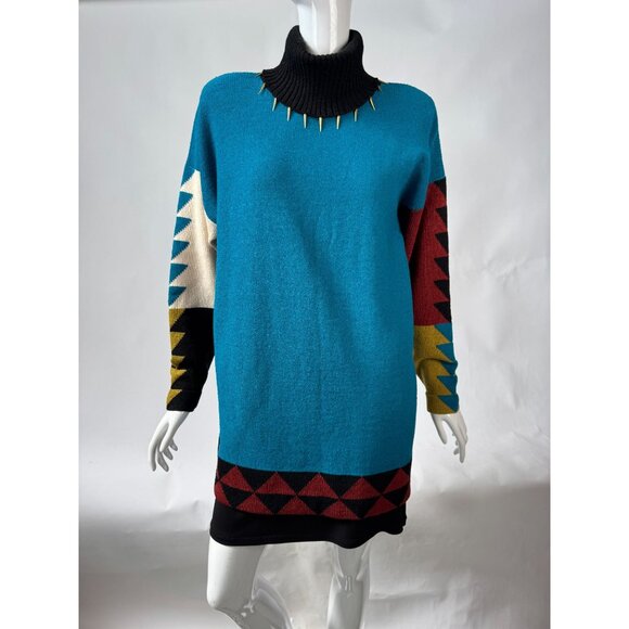 Vintage Steve Fabrikant Neiman Marcus Wool & Rayon Medium Sweater Dress With Geo - Picture 14 of 16